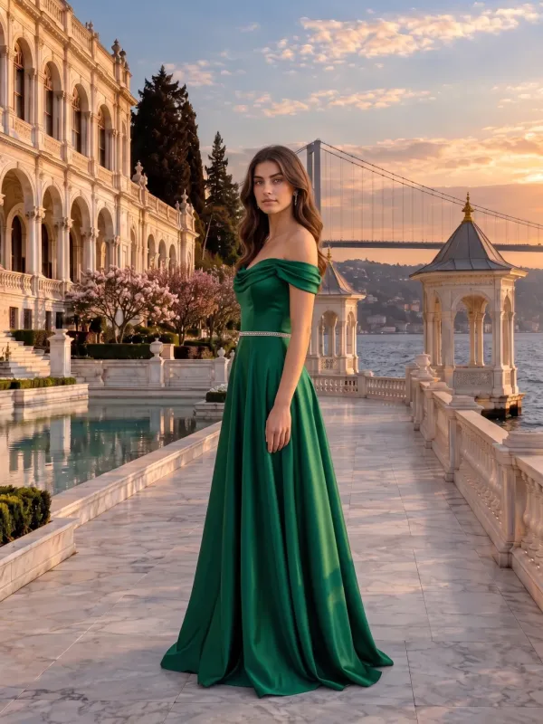 Gün batımında havuzlu bir terasta üç çeyrek duruşta çekilmiş, omzu açık yeşil saten abiye